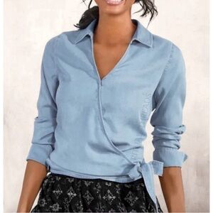 Soft Surroundings Light Blue Chambray Tencell Wrap Blouse